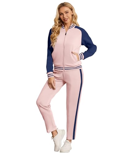 BASICDOT Women's Two Piece Tracksuit Long Sleeve Zip Up Sweatshirt Long Pants Outfits Jogger Sweatsuit Sets Pink/Black 7002 L