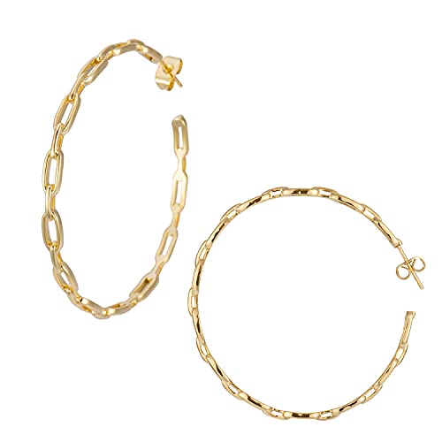 Oversized Paper Clip Link Open-Hoop Earrings 2'' 50mm | Large Gold Chain Link Hoops | 18K Gold Plated Silver Eternity Paved C-Hoops