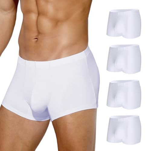 Arjen Kroos Mens Trunks Underwear, White Boxer Briefs for Men, Breathable Moisture Wicking Sexy Silky Underwear for Men 4 Pack, White*4, Large