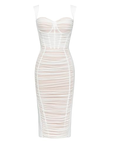 houstil Women's Strap Wedding Guest Dress Velvet Mesh Bodycon Cocktail Party Fishbone Mini Clubwear (S, White)