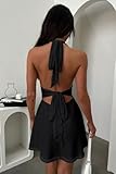 GOKATOSAU Women's Halter Deep V Neck Flowy Chiffon Bow Tie Backless Summer Mini Dress Black