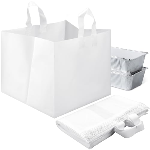 Bulyoou 50 Pcs Full Tray Catering Bags Take out Bags Bulk 22" x 14" x 15.25" Catering Bag with Cardboard Bottom and Soft Loop Handles for Restaurant, Retail, Business