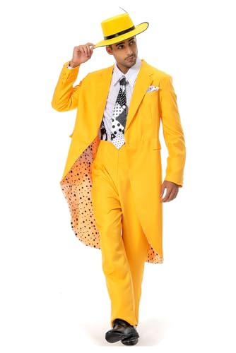 BIGCOS Men's Jim Carrey The Mask Cosplay Costume Yellow Full Sets Movie Suits Halloween Outfit, Small