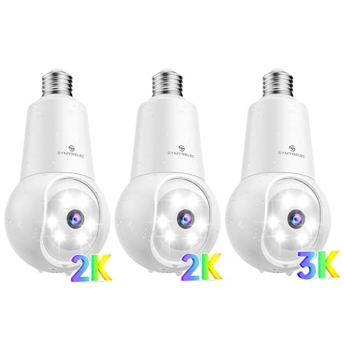 SYMYNELEC 2K Light Bulb Security Camera Outdoor 2PCS with 3K 5MP Light Bulb Security Cam, 2.4GHz Light Socket Security Cam with Human Detection 360 Motion Tracking Spotlight Color Night Vision Siren