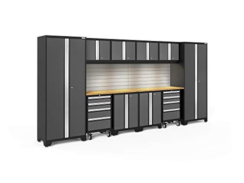 NewAge Products Garage Storage Cabinets Bold Series Gray Include Multi Use lockers, Rolling Tool, Base & Wall Cabinets with Lockable Doors, LED Lights, Slatwall Backsplash, Bamboo Worktop