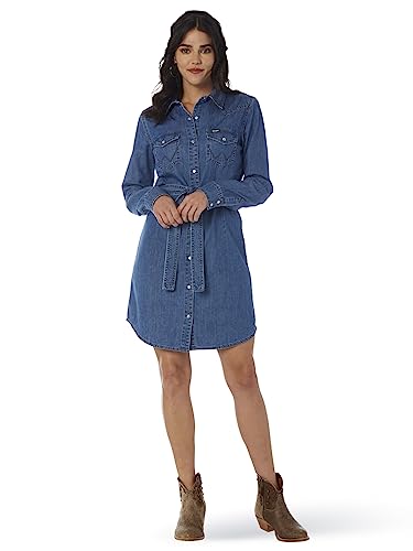 Wrangler Women's Retro Long Sleeve Western Snap Dress, Mid Denim, XX-Large