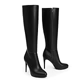 Modatope Womens Boots Knee High Black Platform Boots Stiletto Heel Round Toe Long Boots Zipper Tall Boots Elastic PU Leather Size 8