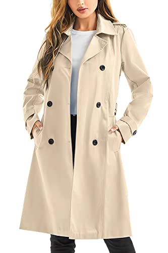 FARVALUE Women's Waterproof Trench Coat Long Double Breasted Windbreaker Classic Belted Lapel Overcoat with Removable Hood Khaki Large