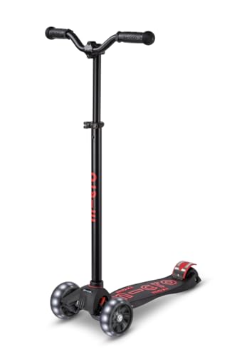 Micro Kickboard - Maxi Deluxe Pro LED Kick Scooter - Smooth-Gliding, 3-Wheeled, Light-Up Wheels, Lean-to-Steer Design with Fat, Stable Wheels and Chopper-Style Handlebars for Ages 5-12 (Black/Red)