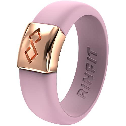 Rinfit Silicone Rings for Women 6mm Wide, 2mm Thick - Silicone Wedding Bands Women - Infinity Ring with Metal Plate - Pink/Rose Gold - Size 7