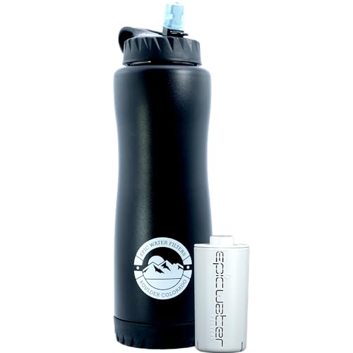 Epic Water Filters Vostok Stainless Steel Insulated Water Bottle and 75 Gallon Filter - Removes 99.99% of Water Impurities, 34oz,