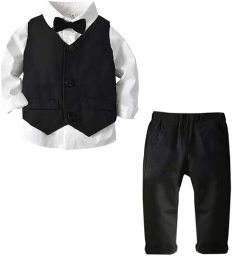 SANGTREE Baby Boy's Tuxedo Clothes, 3 Pieces Fall Winter Outfit, Long Sleeves Button Down Dress Shirt with Bow Tie + Vest + Pants Set Gentlemen Clothing, A - Black, 12-18 Months = Tag 80