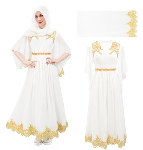 DAZCOS Abaya Kaftan Dress for Women Moroccan Dubai Gown with Hijab Farasha Long Muslim Dress (US, Alpha, X-Large, Regular, Regular, White)