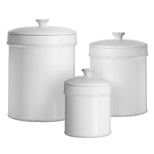 American Atelier Bianca Dash Canister Set 3-Piece Ceramic Jars in 30oz, 70oz and 122oz Chic Design with Lids for Cookies, Candy, Coffee, Flour, Sugar, Rice, Pasta, Cereal & More White