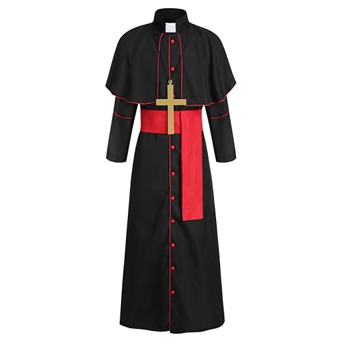 GRAJTCIN Priest Costume for Men Clergy Robes for Men Pastor Costume Cardinal Costume Medieval Priest Monk Hooded Robe Suit for Men Red Line XXL