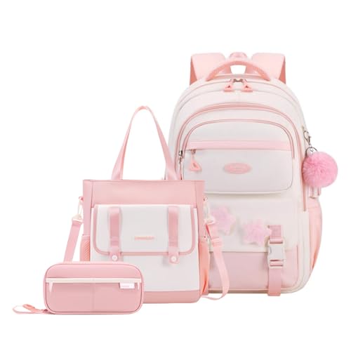 GRUOTEIS 3Pcs Girls Backpack for School Kids with Tote Bag, Pink Kids School Bag for Teen Girls, with Star Pins and Furry Pendant, A08-3Pcs Pink