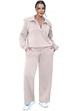 XIEERDUO 2 Piece Outfits For Women Two Piece Winter Lounge Sets Half Zip Sweatshirt Wide Leg Sweatpant Khaki M