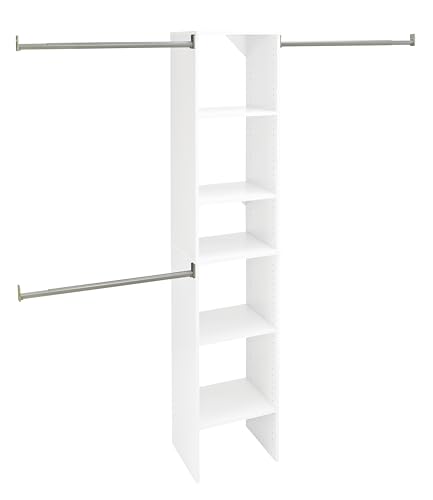 ClosetMaid SuiteSymphony Wood Closet Organizer Starter Kit with Tower and 3 Hang Rods, Shelves, Adjustable, Fits Spaces 4 – 9 ft. Wide, Engineered Wood, Pure White, 16"