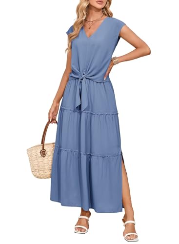 Dokotoo Women's Spring Summer 2 Piece Outfits 2025 Sleeveless V Neck Belted Crop Tops High Waist Maxi Skirt Set Beach Vacation Clothes for Women Dusk Blue Small