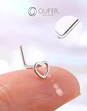 OUFER 925 Sterling Silver Nose Rings, Heart Nose Studs For Women, Cute Nose Nostril Piercing Jewelry, L-Shaped 20G Silver Nose Rings Studs-Silver Heart