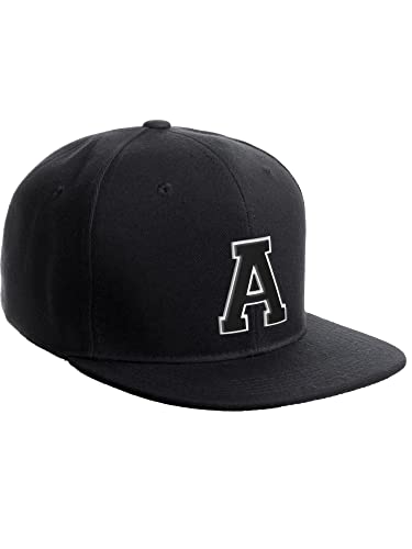 Classic Snapback Hat Custom A to Z Initial Raised Letters, Black Cap White Black Letter Initial A