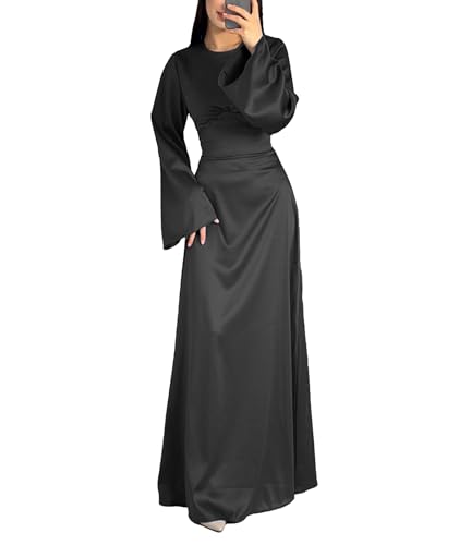 xxxiticat Women's Silk Satin Long Dress Long Sleeve Round Neck Back Lace Up Bandage Tie Wedding Party Maxi Dresses(BL,M) Black