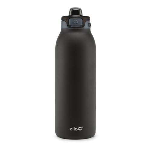 Ello Pop & Fill 40oz Stainless Steel Water Bottle with Quick Fill Technology, Double Walled and Vacuum Insulated Metal, Leak Proof Locking Lid, Sip and Chug, Reusable, BPA Free, Tonal Black