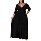 Runwind Plus Size Dress for Women - 3/4 Sleeve V Neck Maxi Dresses for Women Black 2XL