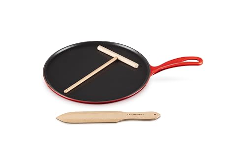 Le Creuset Enameled Cast Iron Crepe Pan with Rateau and Spatula, 10.75", Cerise