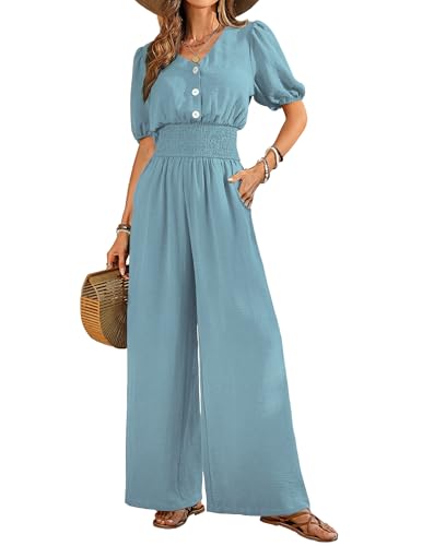 LOOKBOHO Dressy Jumpsuits for Women Formal V Neck Short Sleeves Wide Leg Rompers Puff Smocked High Waist One Piece Blue M