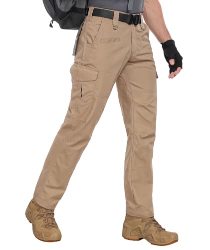 Zoofly Mens Tactical Pants Elastic Waist Water Proof Cargo Work Pants for Men Ripstop Army Cargo Pants with Pockets Khaki 30W*32L