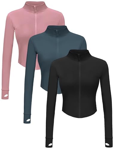 Dalavch 3 Pack Womens Cropped Full Zip up Workout Jacket Slim Fit Running Athletic Gym Yoga Sports Jacket with Thumb Holes 1 Black 1 Pink 1 Blue Medium