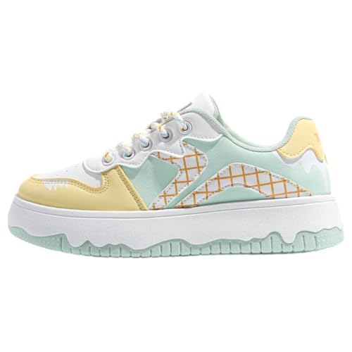 Korean Ice Cream Style Chunky Sole Sneakers in Green & Pink - Kawaii Breathable Design for Women, Ideal for Sports & Casual Outfits, Trendy Korean Fashion (Green,9)