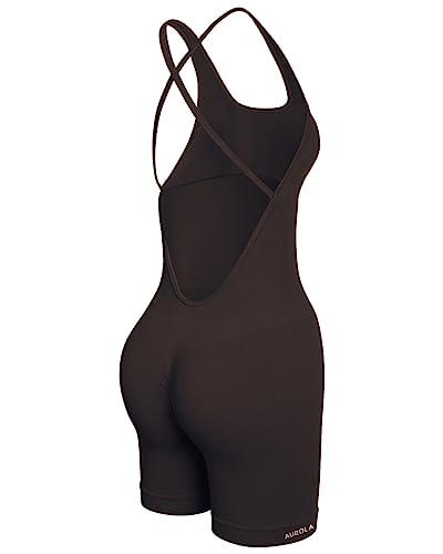 AUROLA Strapy Romper for Women Workout Yoga Gym Seamless One Piece Jumpsuit Tummy Control Padded Sports Bra (Chocolate Torte, M)