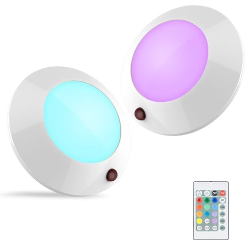 BIGLIGHT Battery Operated LED Ceiling Light, Remote Controlled, 12 Color Changing Mood Light, Hallway Lighting, Dimmable Night Light for Shower Closet Bedroom Corridor Bathroom, 2 Pack