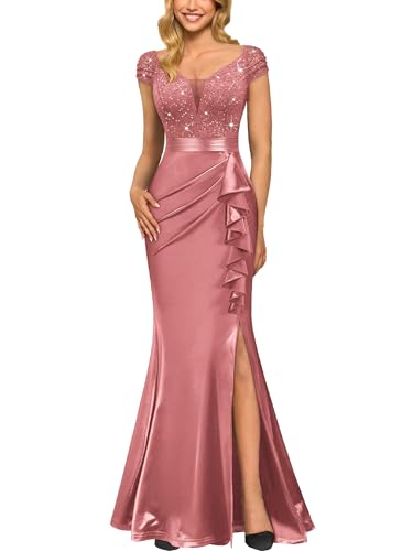 Miusol Women's Vintage V-Neck Slim Style Ruffle Split Evening Formal Maxi Dress (Large, Cinnamon Pink)