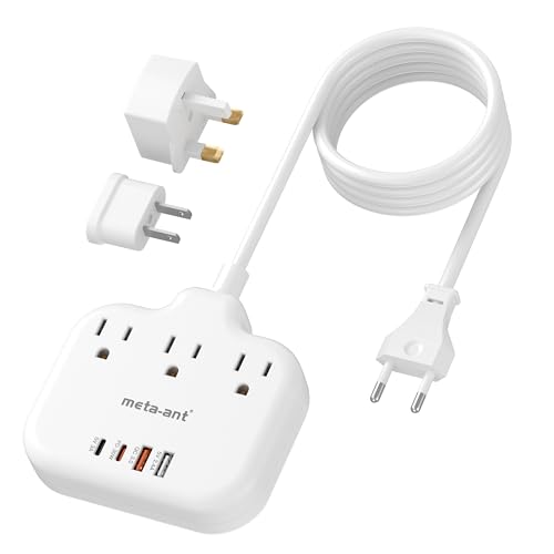PD30W European Travel Plug Adapter, International Power Strip with 3 Outlets 4 USB Ports(2 USB-C), Universal Travel Adapter with 5ft Extension Cord for EU US UK Europe France Spain