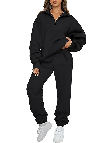 AUTOMET Women's Sweatsuits 2 Piece Outfits Long Sleeve Half Zip Pullover and Baggy Sweatpants with Pockets Black M