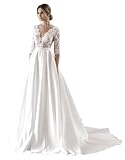 Elegant Lace Long Sleeve Satin Wedding Dresses for Women 2025 V Neck Backless A line Bridal Gown for Bride Ivory 8