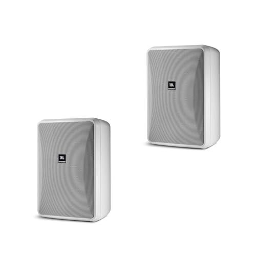 JBL Professional CONTROL 28-1-WH wall-mounted indoor, outdoor speaker, broad sound coverage, 8 inch, 120 watt at 8Ω, high output background, foreground weatherproof speaker. Sold as a Pair. White.