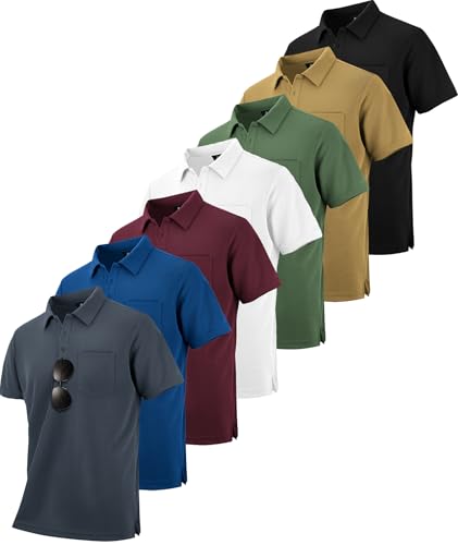 SCODI 7 Pack Polo Shirts for Men with Pocket Moisture Wicking Golf Polo Shirt Short Sleeve Outdoor Work Tactical Tshirt Black Grey Green Khaki WineRed Blue White L