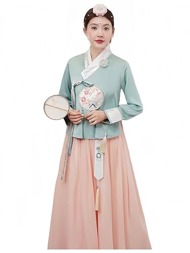 Women Korean Women's Traditional Long Sleeve Classic Dress Women's Court Korean Wedding Dance(A-Blue&Pink,L)