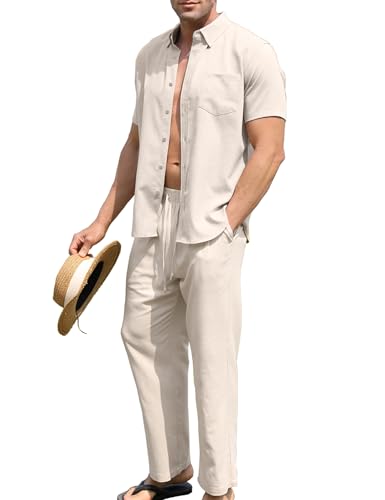 URRU Men’s 2 Piece Linen Outfit Summer Beach Short Sleeve Button Down Shirt and Pants Set, Khaki, X-Large