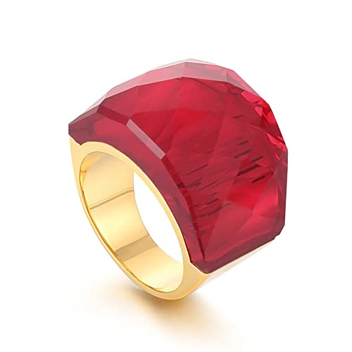 OIDIMS Crystal Glass Stainless Steel Band Ring Gold Plated Fashion Exaggerated Cubic Zirconia Rings Women's Stunning Large Statement Rhinestone Bands Cocktail Party for Ladies Birthday (Red,8)