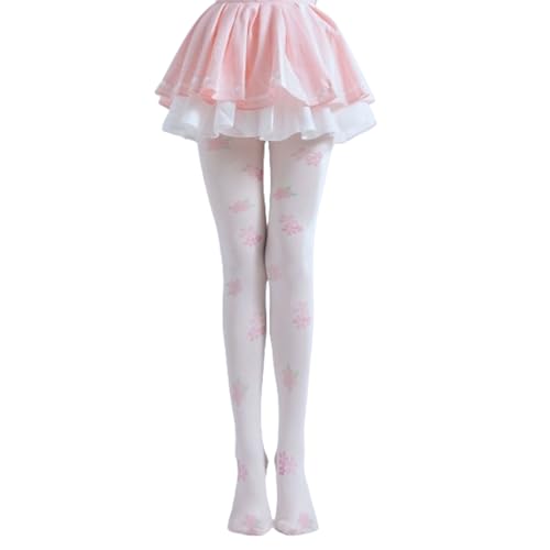 Generic Premium Velvet Cute Kawaii Anime Leggings Patterned Tights for Women with Designs Lolita 140D Pantyhose Opaque Stockings (One Size,White Pink Cherry Blossom)