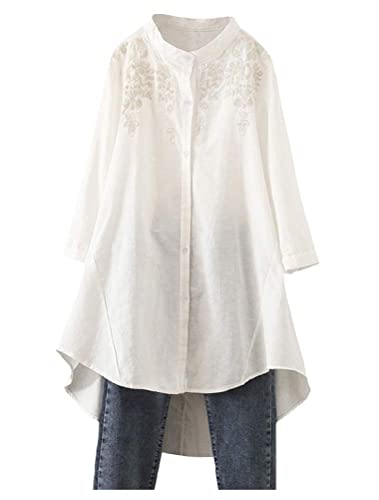 Minibee Women's Cotton Linen Shirt High Low Button Down Embroidered Blouse Long Sleeve Tunic Tops with Pocket (L, Beige)