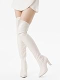 Shoe'N Tale Women Stretch Suede Chunky Heel Over The Knee Boots Thigh High for Women (6,Off White PU)