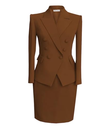 Women's Skirt Suit 2 Piece Slim Fit Business Suit Set Long Sleeve Lady Blazer Set Jacket Skirt,Brown US18