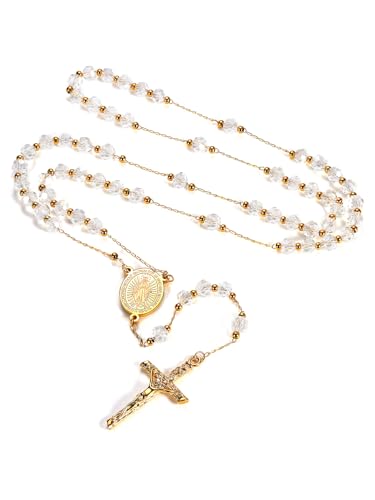 FaithHeart Clear Color Catholic Rosary Necklace for Men Virgin Mary Gold Bead Necklace with Christian Crucifix Pendant Charms Baptist Accessory
