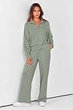 PRETTYGARDEN Women's 2 Piece Outfits Casual Lapel Half Zip Sweatshirts And Wide Leg Pants Tracksuit Sets (Grey Green,Medium)